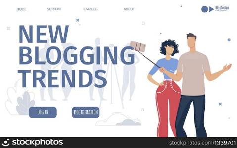 Blogging New Trends Analysis Service, Digital Marketing Company, Platform for Vloggers Web Banner, Landing Page Template. Man and Woman Streaming Video with Smartphone Trendy Flat Vector Illustration