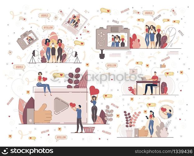 Blogging People, Social Media Content Author, Social Network User Characters Set. Men and Women Communicating in Internet, Following Vlogger, Sharing Video Online Trendy Flat Vector Illustration