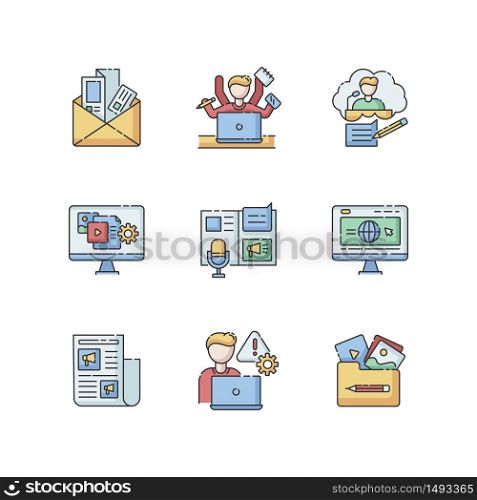 Blogging RGB color icons set. Newsletter and brochure. Multi tasking employee. Speech writing for conference. Content management. Corporate website. Crisis control. Isolated vector illustrations. Blogging RGB color icons set