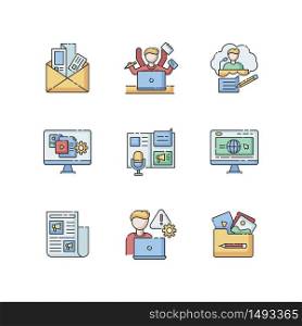 Blogging RGB color icons set. Newsletter and brochure. Multi tasking employee. Speech writing for conference. Content management. Corporate website. Crisis control. Isolated vector illustrations. Blogging RGB color icons set