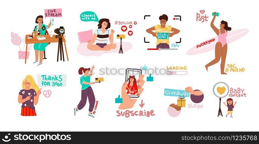 Blogging set. Doodle happy characters making video and streaming, content creation and social network communication. Vector cartoon beauty girl bloggers with smartphone on white background. Blogging set. Doodle happy characters making video and streaming, content creation and social network communication. Vector cartoon bloggers