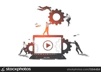Blogging, vlog, smm, teamwork, coworking, partnership concept sketch. Businessmen carrying gears to big laptop screen. Hand drawn isolated vector illustration. Blogging, vlog, smm, teamwork, coworking, partnership concept sketch. Hand drawn isolated vector illustration
