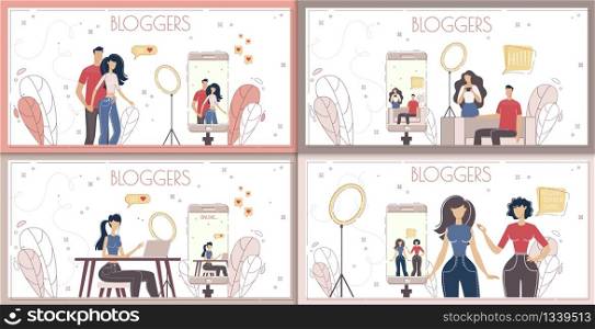 Blogging, Vlogging People, Digital Content Author, Video Streamer Banner, Poster Template. Men and Women Recording, Streaming Video with Cellphone, Communicating with Audience Flat Vector Illustration