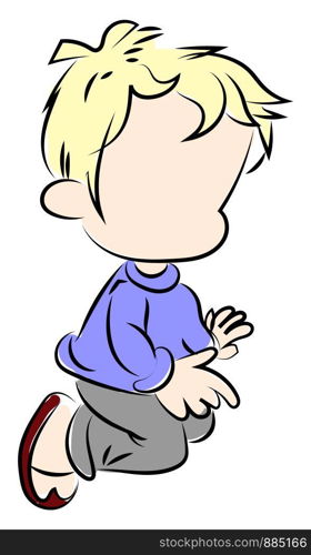 Blond boy wearing a blue sweater, illustration, vector on white background.