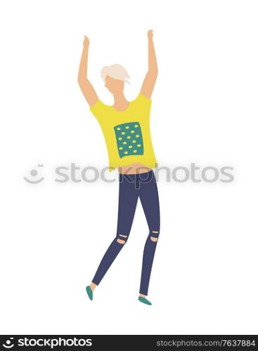Blond dancing young man in yellow t-shirt and modern jeans isolated cartoon character. Vector fashionable teenage dancer entertain on disco party, flat style. Blond Dancing Young Man in T-Shirt, Modern Jeans