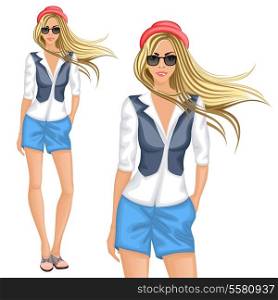Blond hipster female girl character wearing chemise shorts vest hat sunglasses vector illustration