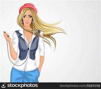 Blond hipster female girl character wearing headphones vector illustration.