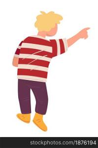 Blond kid pointing in distance, isolated male character gesturing. Child indicating with finger, schoolboy back view of personage. Teenage guy showing or choosing, vector in flat style illustration. Kid pointing in distance, child gesturing male character