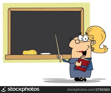 Blond Lady School Teacher With A Pointer Displayed On Chalk Board