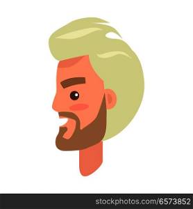 Blond man s face with beard and pink cheeks from sideview isolated icon on white background. Cartoon male character smiles with teeth. Modern man hairstyle example vector illustration in flat design. Man s Face from Sideview Isolated Illustration