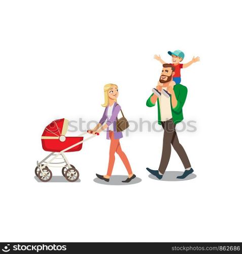 Blond Mother Walking with Baby Carriage while Father Riding Happy Son on His Shoulders Cartoon Vector Isolated on White Background. Millennial Parents Spending Time with Childrens, Family Strolling