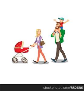 Blond Mother Walking with Baby Carriage while Father Riding Happy Son on His Shoulders Cartoon Vector Isolated on White Background. Millennial Parents Spending Time with Childrens, Family Strolling