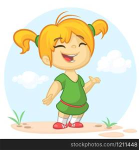 Blond small girl in a green dress presenting. Holiday vector illustration cartoon style for greeting card, poster, banner. Blond teenager girl standing talking summer illustration. Cartoon cute little girl