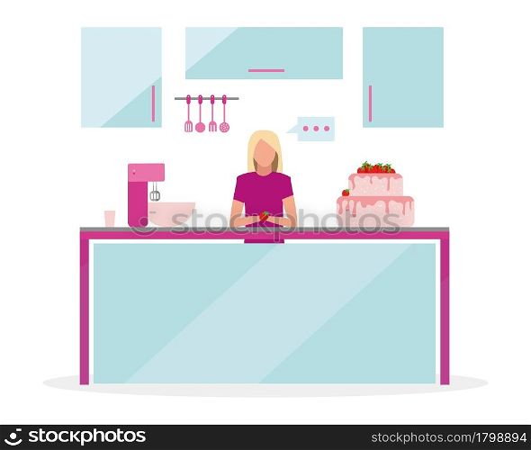 Blond woman broadcasting cooking show semi flat color vector character. Full body person on white. Baking strawberry cake isolated modern cartoon style illustration for graphic design and animation. Blond woman broadcasting cooking show semi flat color vector character