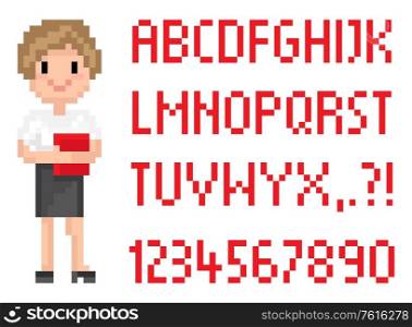 Blond woman vector, person working in office, worker wearing formal clothes secretary smiling, abc in pixel game, pixelated alphabet with numbers. 8 bit teacher. Blond Secretary with Book Pixel ABC Font Vector
