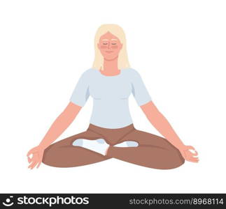 Blond young woman in comfortable clothes meditating semi flat color vector character. Editable figure. Full body person on white. Simple cartoon style illustration for web graphic design and animation. Blond young woman in comfortable clothes meditating semi flat color vector character