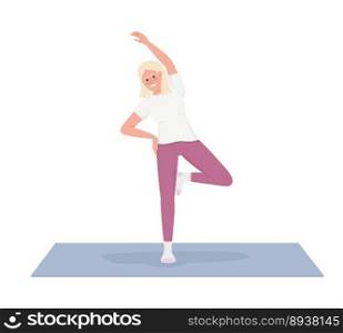 Blond young woman warming up on yoga mat semi flat color vector character. Editable figure. Full body person on white. Simple cartoon style illustration for web graphic design and animation. Blond young woman warming up on yoga mat semi flat color vector character