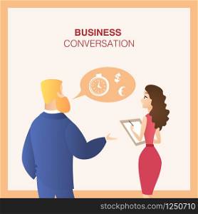 Blonde Bearded Man in Blue Suit and Young Woman in Red Dress With Notepad And Pen in Hand Back Side View Talking. Speech Bubble with Dollar, Euro and Stopwatch Sign. Business Conversation Inscription.. Man and Woman Colleagues Business Conversation