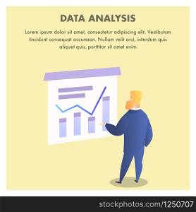 Blonde Bearded Man In Blue Suit Back Side View Looking At Growing Analitics Chart Graph On Yellow Background. Data Analysis Inscription, Copy Space. Flat Vecor Illustration, Banner, Office Lifestyle. Bearded Man Look at Growing Analitics Chart Graph