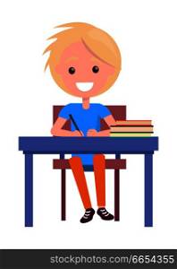 Blonde boy with textbooks at school table isolated on white. Vector illustration of begginer on 1st of September, back to school concept. Blonde Boy with Textbooks at School Table Isolated