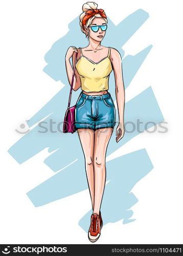 Blonde girl in fashionable clothes. Hand drawn young woman with blond hair in sunglasses, fashion summer shorts sketch. Pretty blonde model or businesswoman, modeling isolated vector illustration. Blonde girl in fashionable clothes. Hand drawn young woman with blond hair in sunglasses, fashion summer shorts sketch vector illustration
