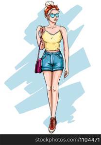 Blonde girl in fashionable clothes. Hand drawn young woman with blond hair in sunglasses, fashion summer shorts sketch. Pretty blonde model or businesswoman, modeling isolated vector illustration. Blonde girl in fashionable clothes. Hand drawn young woman with blond hair in sunglasses, fashion summer shorts sketch vector illustration