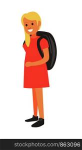 Blonde girl in pink dress and black sneakers stands with heavy backpack ready to go hiking isolated cartoon flat vector illustration on white background. Unusual way to travel and explore nature.. Blonde girl in pink dress with heavy backpack