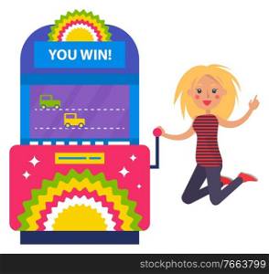 Blonde girl in striped shirt jumping for joy in casino. Young woman playing slot machines. Excited female player celebrating victory, gambling vector. Girl Jumping For Joy in Casino, Slot Machines Cars