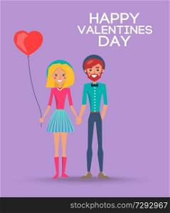 Blonde girl with red balloon in shape of heart and bearded boy in dark hat on happy valentines day vector illustration on purple background.. Girl with Balloon and Boy on Happy Valentines Day