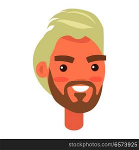 Blonde haired man face with pink cheeks front view isolated icon on white. Cartoon young male character smiles with teeth. Modern man hairstyle example, avatar userpic vector illustration.. Blonde Haired Man Face with Pink Cheeks Front View