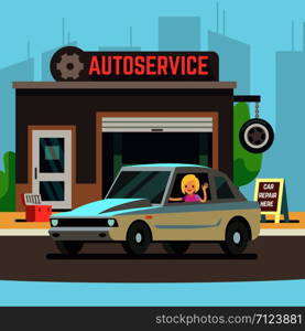 Blonde happy woman driver on car service station or repair garage flat illustration. Happy woman driver on car service station