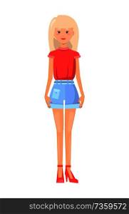 Blonde in summer wear, vogue clothing sample, jeans shorts with elegant pocket, fashionable brown belt, red t-shirt and shoes, vector illustration.. Cute Blonde in Summer Wear, Vogue Clothing Sample