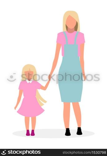 Blonde mother with cute daughter flat vector illustration. Parent with preschool girl holding hand cartoon characters isolated on white background. Elegant young lady with child in pink dress walking