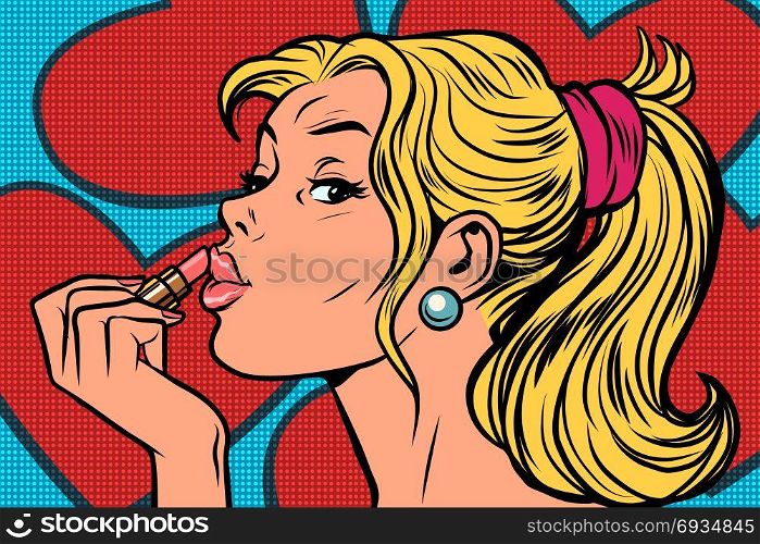 Blonde paints lips with lipstick. Comic caricature vector pop art retro illustration drawing. Blonde paints lips with lipstick