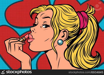 Blonde paints lips with lipstick. Comic caricature vector pop art retro illustration drawing. Blonde paints lips with lipstick