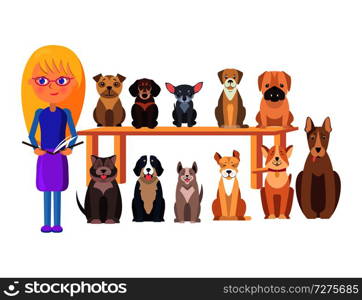 Blonde schoolgirl with open book and dog group of different breeds sits on table and floor in row vector illustration on white. Schoolkid with Book and Dog Group Different Breeds