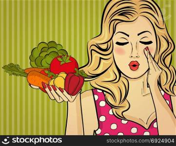blonde sexy lady with vegetable in her hands, pop art woman
