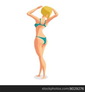 Blonde woman dressed in green swimsuit is standing sunbathe on the sun raising his hands. Isolated flat cartoon illustration. The comic tall blonde on the beach in green bikini. Back view&#xA;
