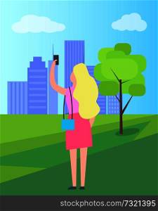 Blonde woman dressed in pink skirt and sleeveless shirt taking selfie in city park with high rise buildings looming in background vector illustration.. Woman Taking Selfie in City Park Illustration