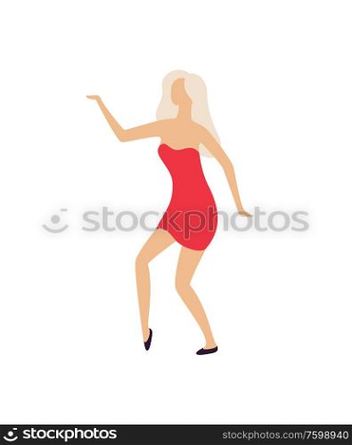 Blonde woman entertain at disco club, girl on party. Vector sexy lady dancer on dancing floor in mini red dress isolated cartoon character in flat style. Blonde Woman Entertain at Disco Club Girl on Party