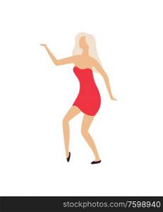 Blonde woman entertain at disco club, girl on party. Vector sexy lady dancer on dancing floor in mini red dress isolated cartoon character in flat style. Blonde Woman Entertain at Disco Club Girl on Party
