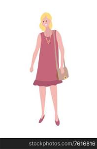 Blonde woman in purple dress with pendant on neck isolated cartoon character. Vector female, middle age lady with sack, mother or wife in flat style. Blonde Woman in Purple Dress with Pendant on Neck