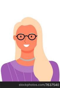 Blonde woman portrait view, vector cartoon character in glasses and purple sweater. Business lady, userpic of online consultant or helper, female avatar. Blonde Woman Portrait, Vector Online Consultant