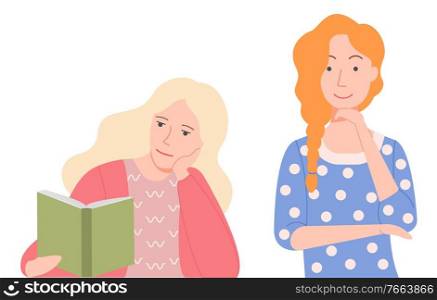 Blonde woman sitting and reading interesting book. Ruddy girl in spotted dress look at her and smile, she in thoughts. Vector illustration flat style. Blonde and Ruddy Girls, Woman Reading Book Vector