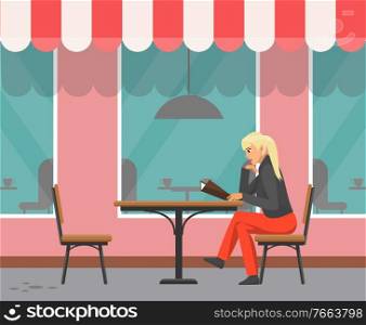 Blonde woman sitting and reading menu, side view of female. Pink wall with big windows of cafe, wooden table and chairs, human in cafeteria vector. Blonde Woman Sitting in Urban Cafe, Portrait View