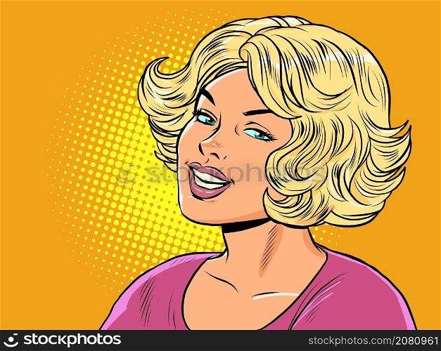 Blonde woman smiling, beautiful people. Portrait of a girl with a short haircut. Pop Art Retro Vector Illustration Vintage kitsch 50s 60s Style. Blonde woman smiling, beautiful people. Portrait of a girl with a short haircut