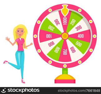 Blonde woman spinning colorful fortune wheel with pink and green sectors and with money prizes bets. Lottery and gambling games concept. Lucky roulette. Woman Spinning Colorful Wheel of Fortune Vector