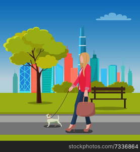 Blonde woman walking with dog in city park on background of skyscrapers, female with bag walk dog on leash near tree and bench vector illustration. Blonde Woman Walking with Dog in City Park Vector