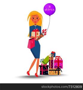 Blonde woman with presents in multicolored packing paper, bouquet of red tulips and purple balloon on eight march vector illustration.. Blonde Woman with Presents, Flowers on 8 March
