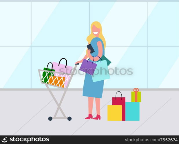 Blonde woman with supermarket trolley full of packages with purchases. Happy smiling woman holding colorful shopping bags in mall buying things vector. Woman with Shopping Bags and Supermarket Trolley
